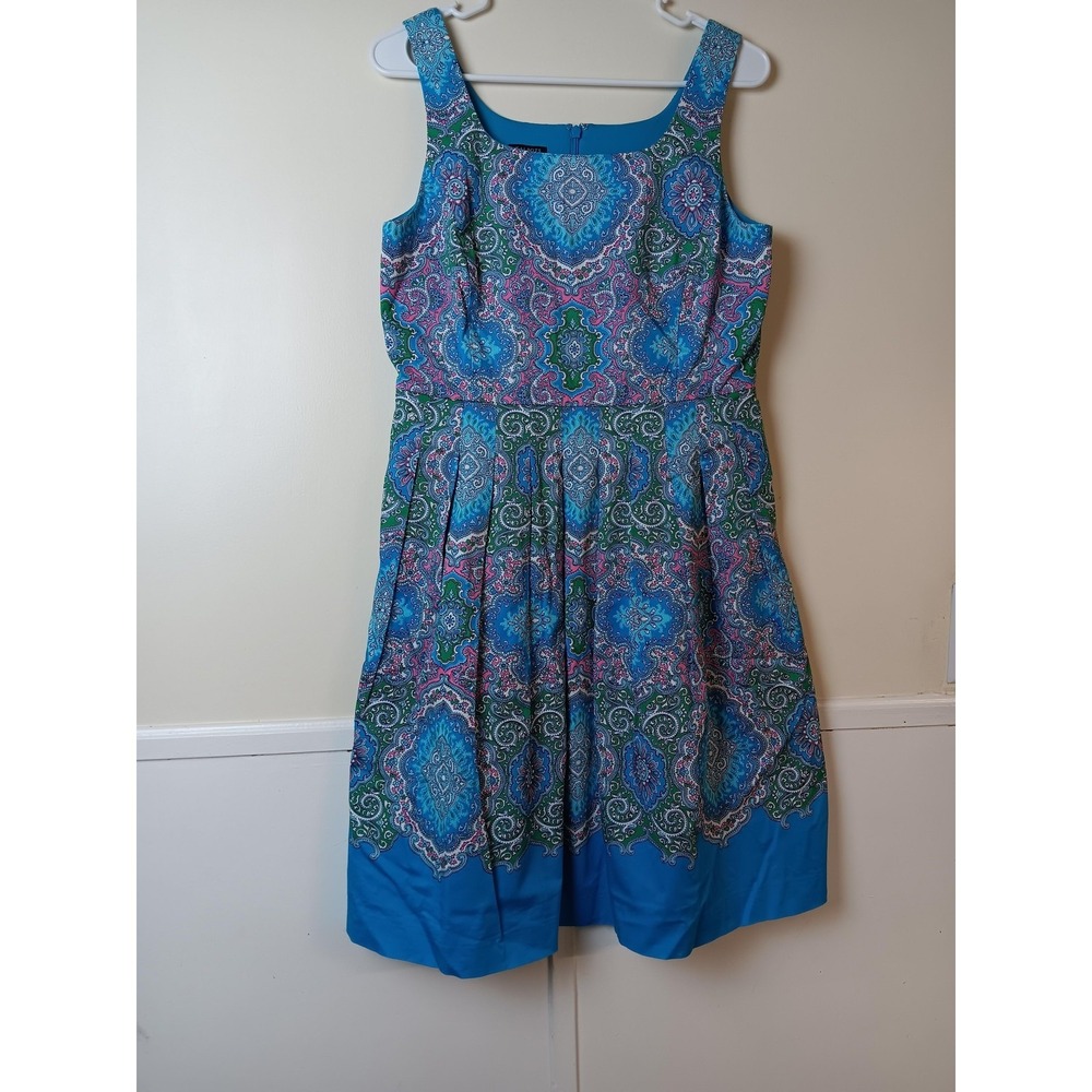 Talbots Dress Womens 8P Blue Fit & Flare Paisley Square Neck Strappy Lined